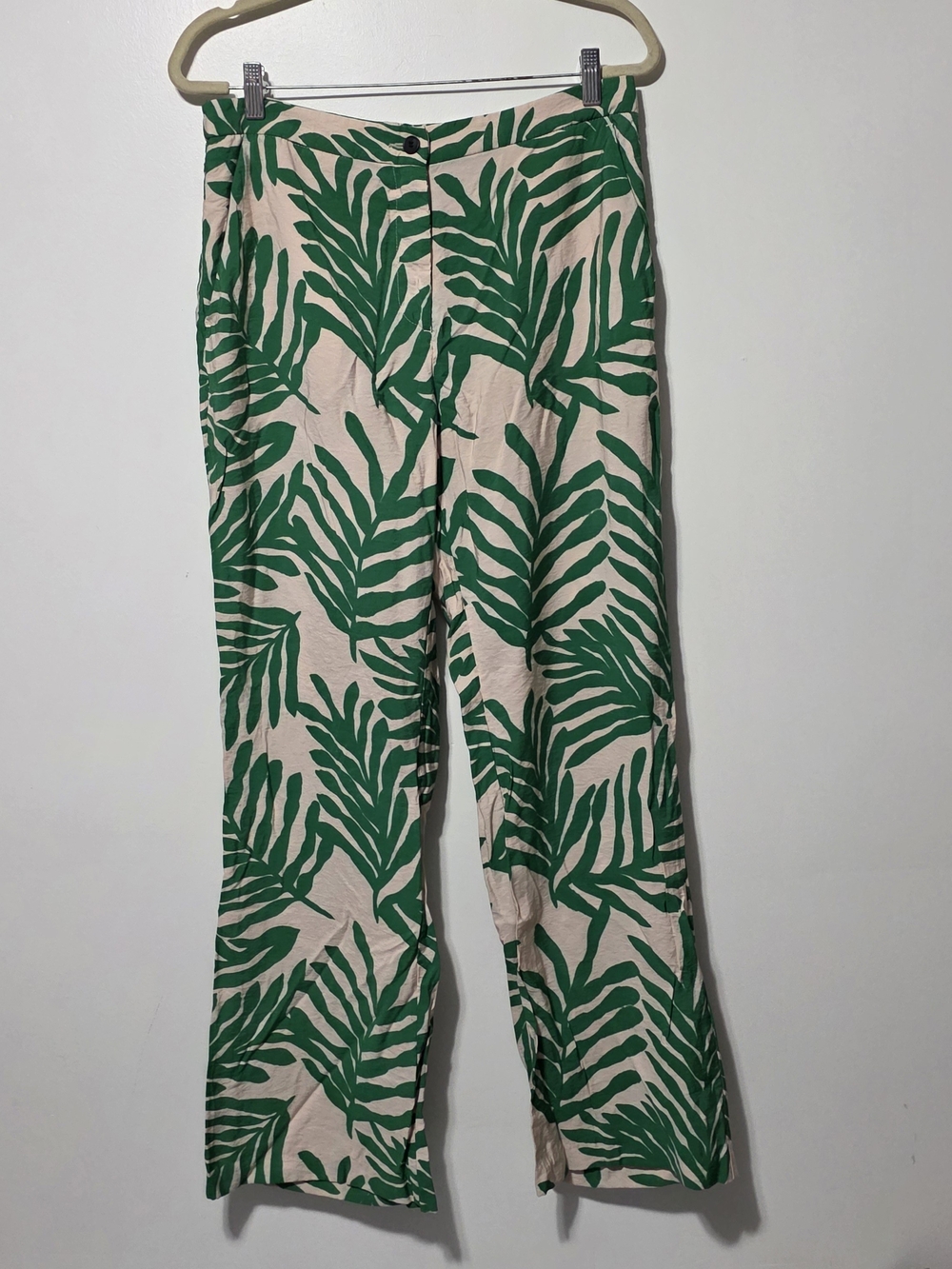 H&M Cream Wide-Leg Pants with Green Palm Print